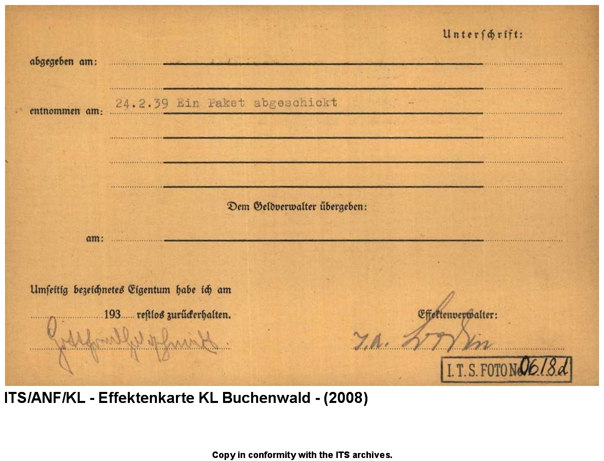 "Judenaktion vom 10.11.1938"  Effektenkarte KL Buchenwald von Gottfried Goldschmidt, Frohnhausen Krs. Marburg, 12. November 1938