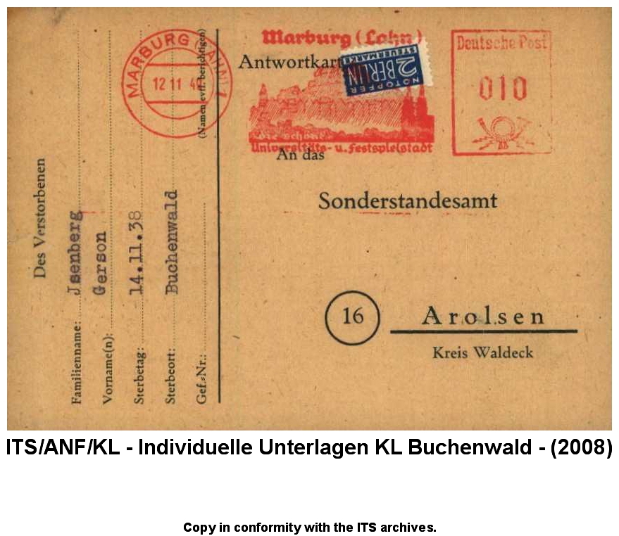 "Judenaktion vom 10.11.1938"  Todesfall Gerson Isenberg aus Marburg am 14.11.1938 im KL Buchenwald, Mitteilung des Standesamts Marburg an das Sonderstandesamt Arolsen, 10. November 1948