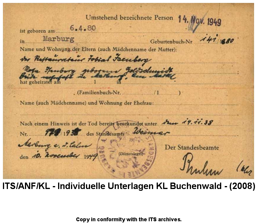 "Judenaktion vom 10.11.1938"  Todesfall Gerson Isenberg aus Marburg am 14.11.1938 im KL Buchenwald, Mitteilung des Standesamts Marburg an das Sonderstandesamt Arolsen, 10. November 1948