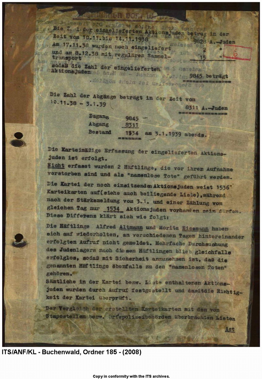 "Judenaktion vom 10.11.1938"  Zahlenmäßige Aufstellung der im KL Buchenwald inhaftierten "Aktionsjuden" 10. 11.1938- 3. 1.1939 mit Verzeichnis der Zu- und Abgänge