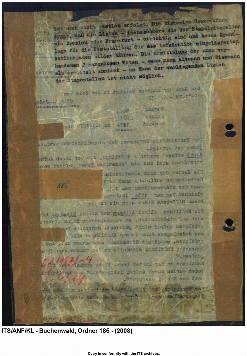 "Judenaktion vom 10.11.1938"  Zahlenmäßige Aufstellung der im KL Buchenwald inhaftierten "Aktionsjuden" 10. 11.1938- 3. 1.1939 mit Verzeichnis der Zu- und Abgänge