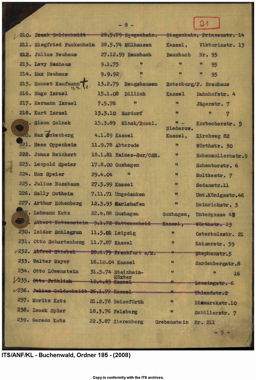 "Judenaktion vom 10.11.1938"  Verzeichnis der inhaftierten "Aktionsjuden" in der Stadt Kassel und Umgebung (11 Seiten), 10. 11.1938