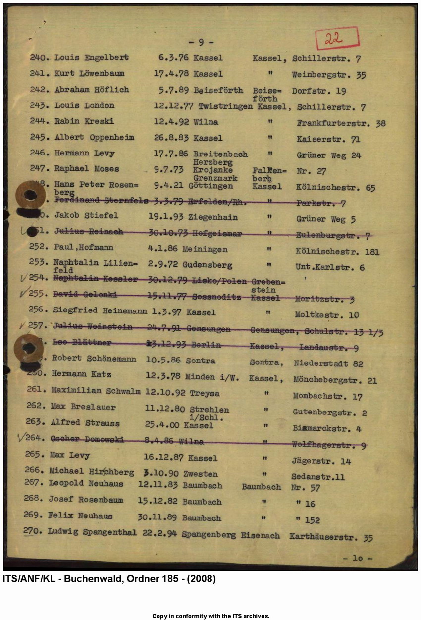 "Judenaktion vom 10.11.1938"  Verzeichnis der inhaftierten "Aktionsjuden" in der Stadt Kassel und Umgebung (11 Seiten), 10. 11.1938