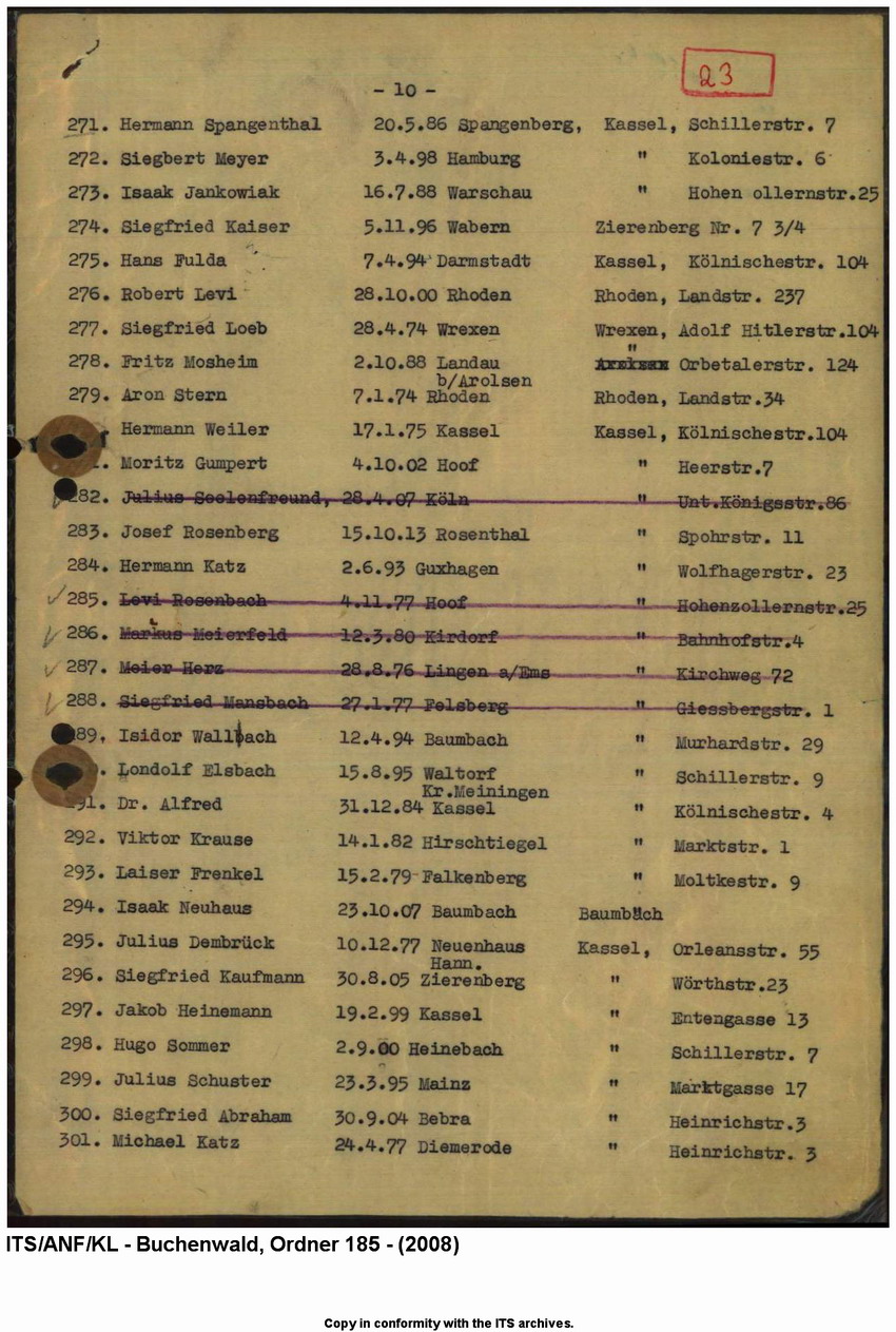 "Judenaktion vom 10.11.1938"  Verzeichnis der inhaftierten "Aktionsjuden" in der Stadt Kassel und Umgebung (11 Seiten), 10. 11.1938