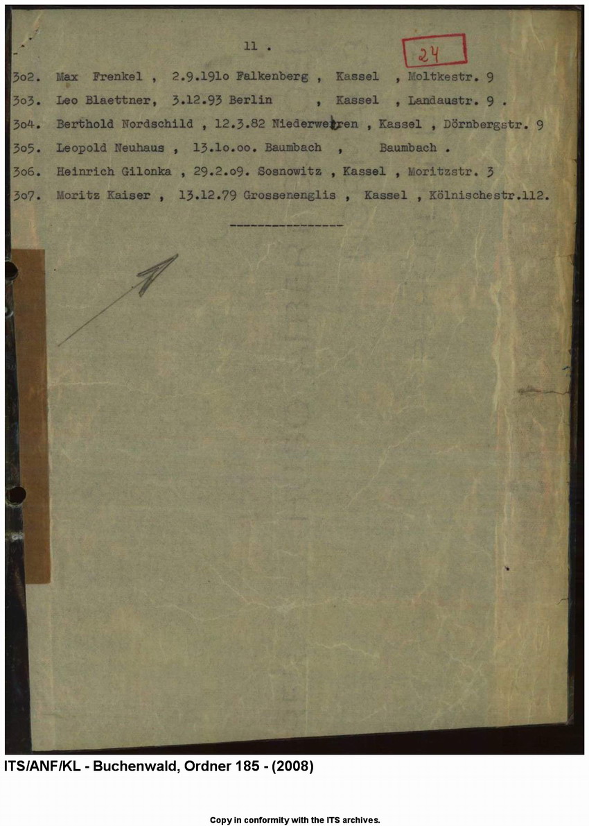"Judenaktion vom 10.11.1938"  Verzeichnis der inhaftierten "Aktionsjuden" in der Stadt Kassel und Umgebung (11 Seiten), 10. 11.1938