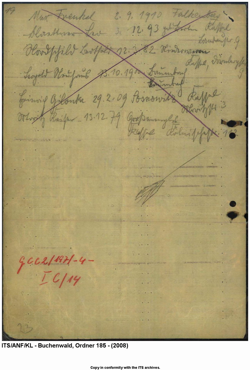 "Judenaktion vom 10.11.1938"  Verzeichnis der inhaftierten "Aktionsjuden" in der Stadt Kassel und Umgebung (11 Seiten), 10. 11.1938