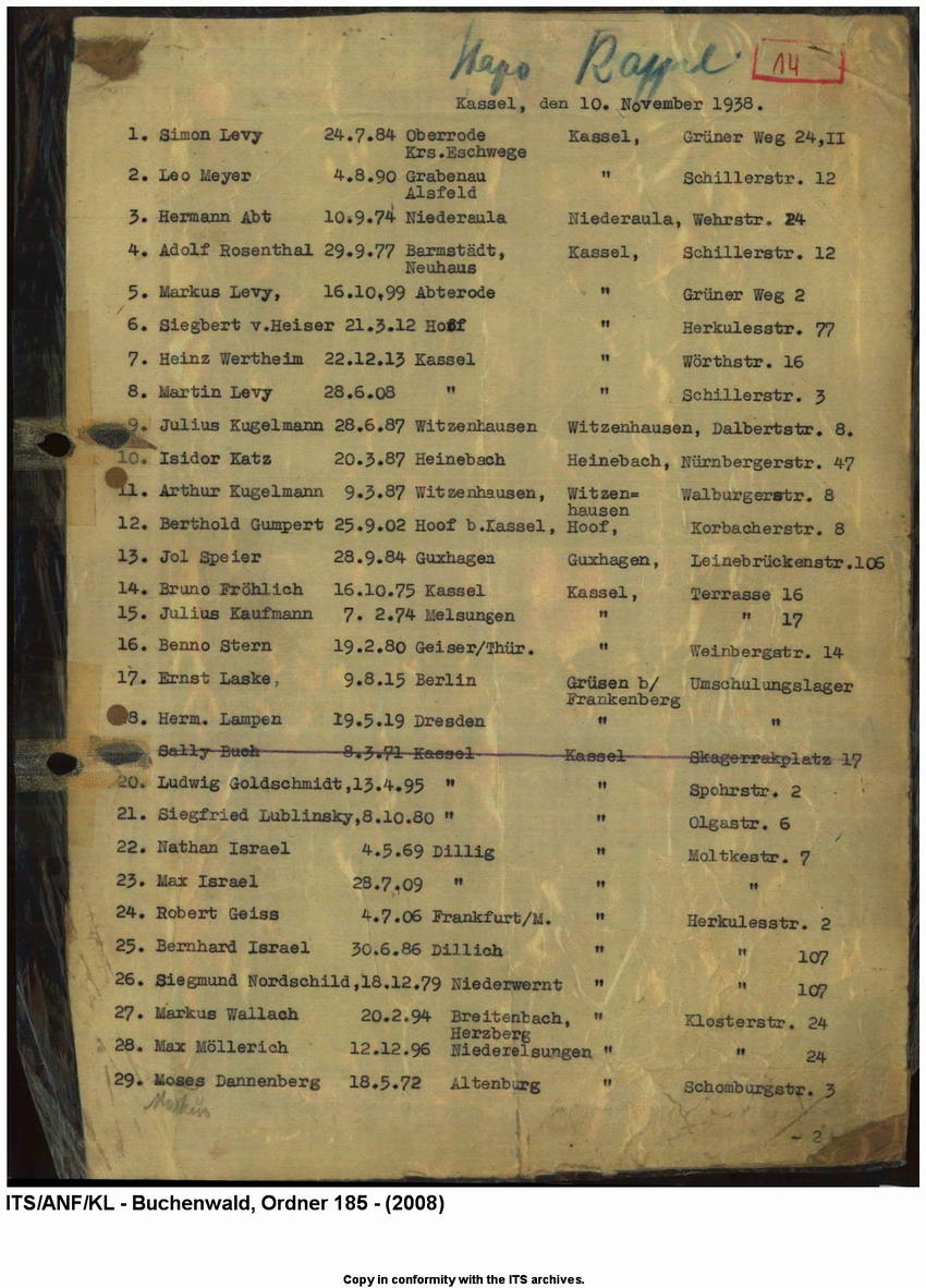 "Judenaktion vom 10.11.1938"  Verzeichnis der inhaftierten "Aktionsjuden" in der Stadt Kassel und Umgebung (11 Seiten), 10. 11.1938
