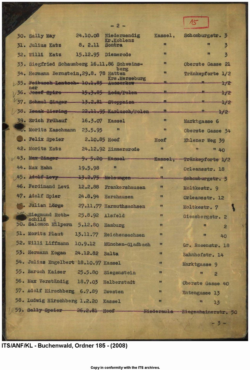 "Judenaktion vom 10.11.1938"  Verzeichnis der inhaftierten "Aktionsjuden" in der Stadt Kassel und Umgebung (11 Seiten), 10. 11.1938