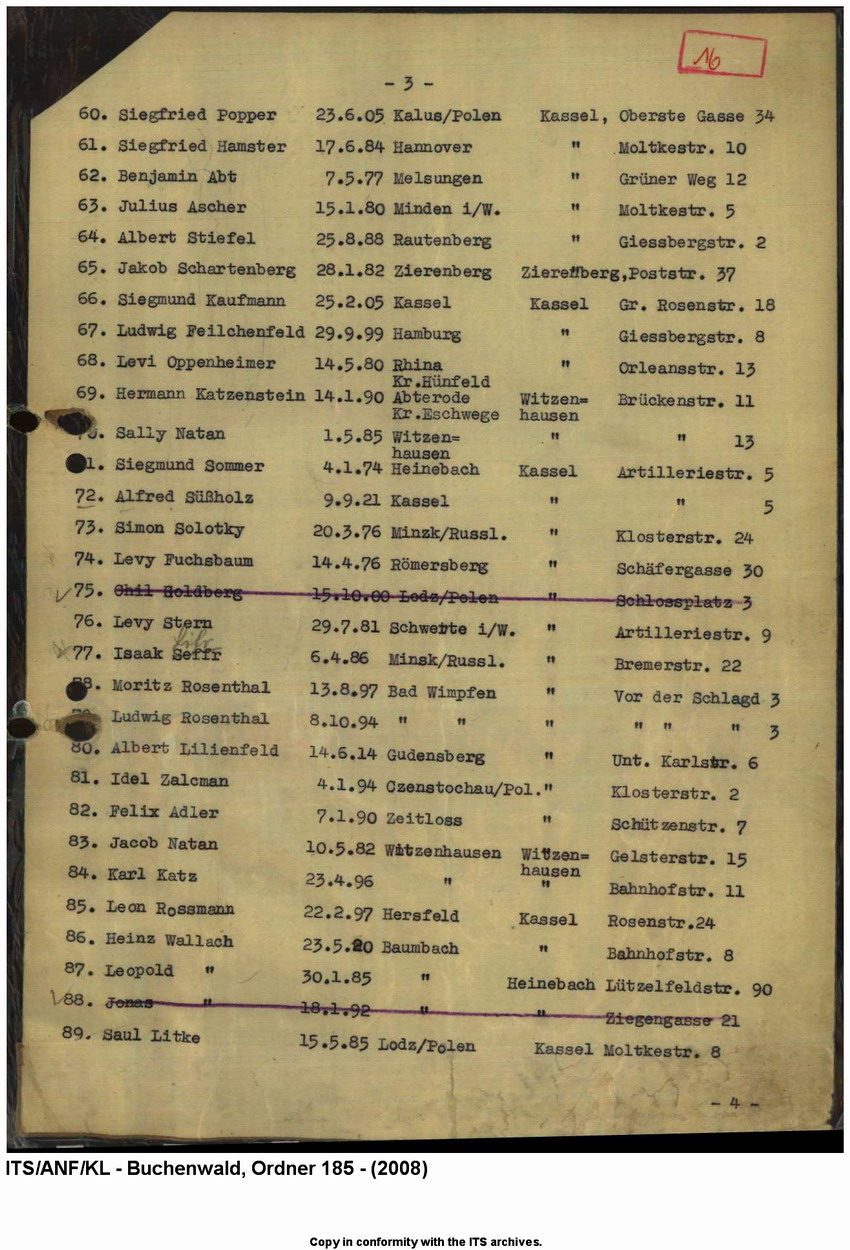 "Judenaktion vom 10.11.1938"  Verzeichnis der inhaftierten "Aktionsjuden" in der Stadt Kassel und Umgebung (11 Seiten), 10. 11.1938