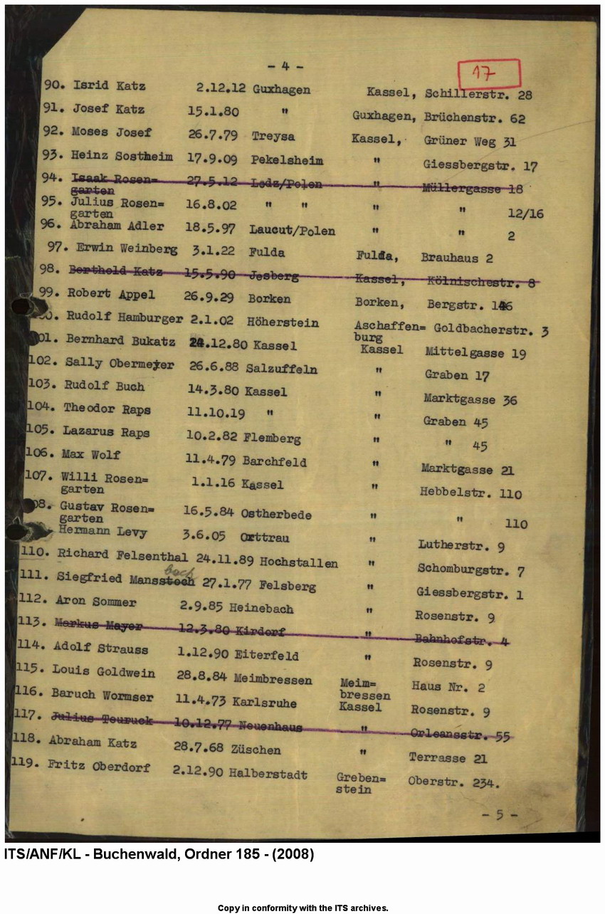 "Judenaktion vom 10.11.1938"  Verzeichnis der inhaftierten "Aktionsjuden" in der Stadt Kassel und Umgebung (11 Seiten), 10. 11.1938