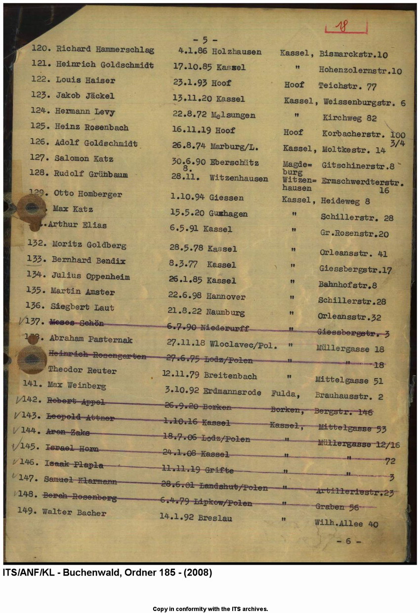 "Judenaktion vom 10.11.1938"  Verzeichnis der inhaftierten "Aktionsjuden" in der Stadt Kassel und Umgebung (11 Seiten), 10. 11.1938