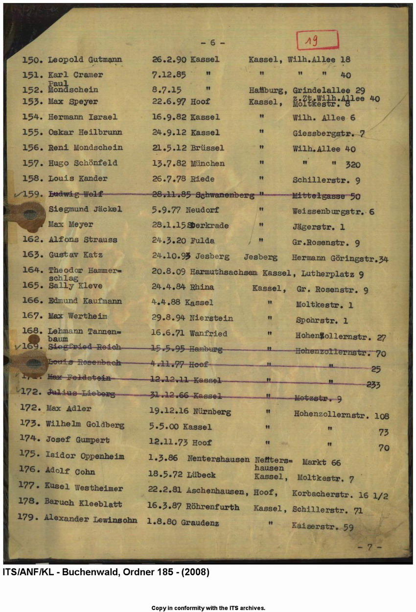 "Judenaktion vom 10.11.1938"  Verzeichnis der inhaftierten "Aktionsjuden" in der Stadt Kassel und Umgebung (11 Seiten), 10. 11.1938