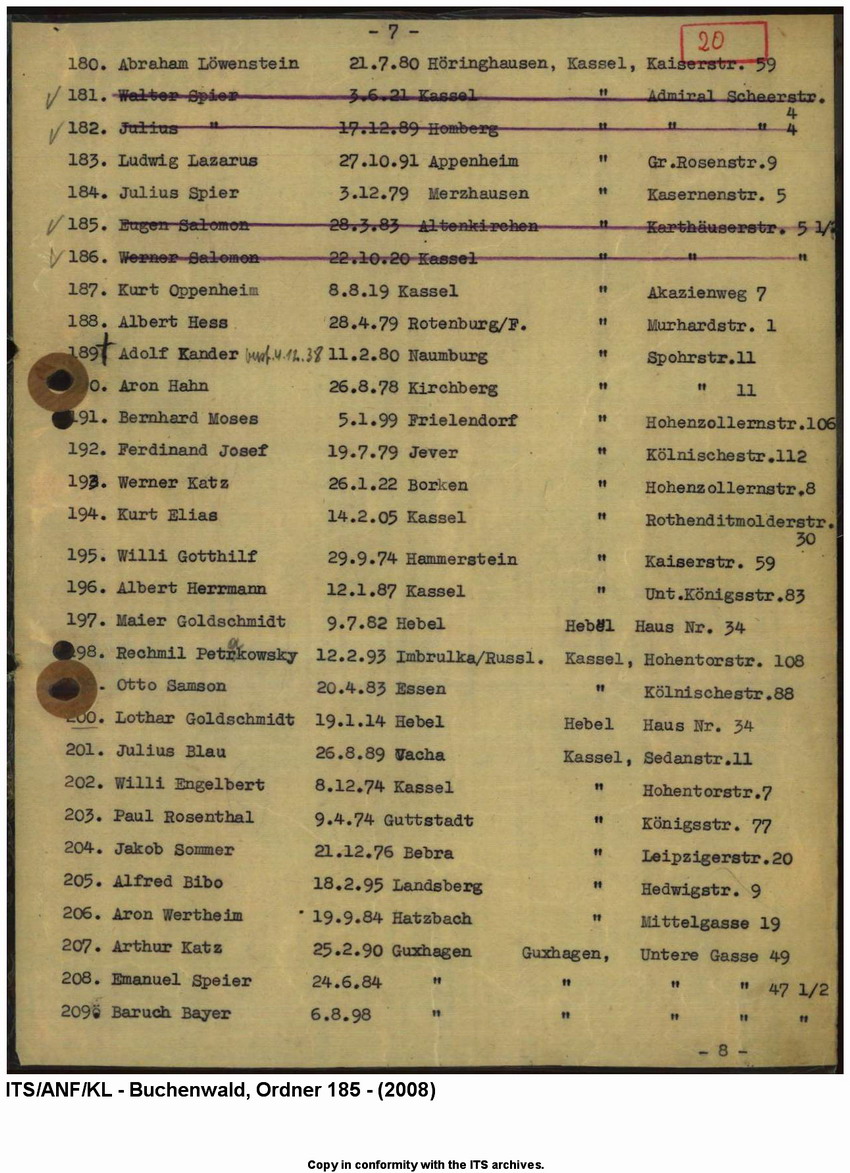 "Judenaktion vom 10.11.1938"  Verzeichnis der inhaftierten "Aktionsjuden" in der Stadt Kassel und Umgebung (11 Seiten), 10. 11.1938