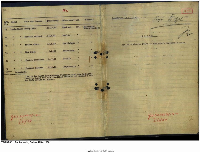 "Judenaktion vom 10.11.1938"  Verzeichnis der inhaftierten "Aktionsjuden" im Landkreis Fulda, 10. 11.1938