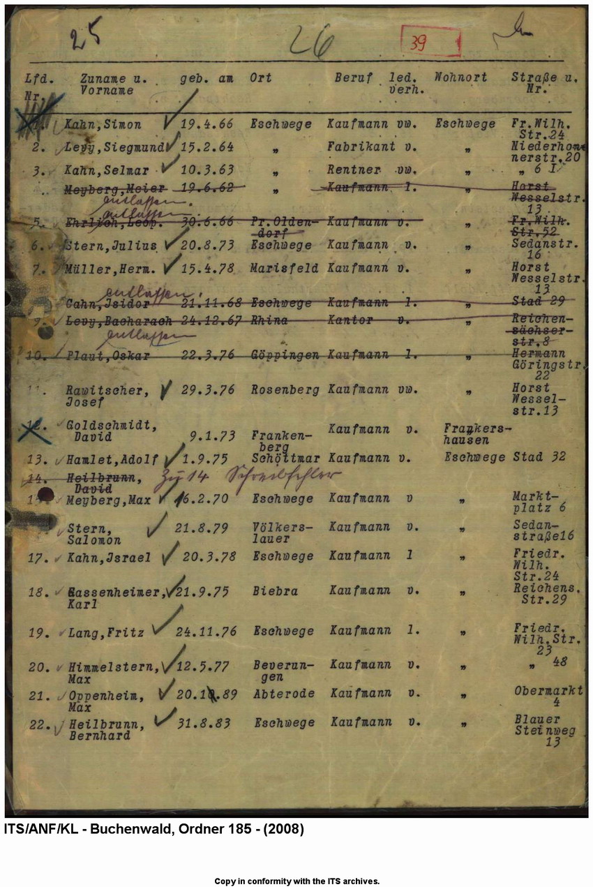 "Judenaktion vom 10.11.1938"  Verzeichnis der inhaftierten "Aktionsjuden" in Eschwege, 10. 11.1938
