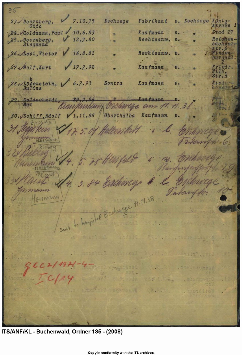 "Judenaktion vom 10.11.1938"  Verzeichnis der inhaftierten "Aktionsjuden" in Eschwege, 10. 11.1938