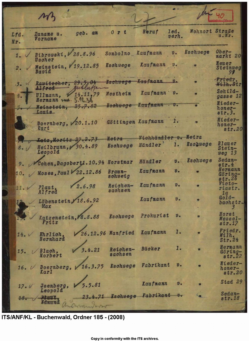"Judenaktion vom 10.11.1938"  Verzeichnis der inhaftierten "Aktionsjuden" in Eschwege, 10. 11.1938