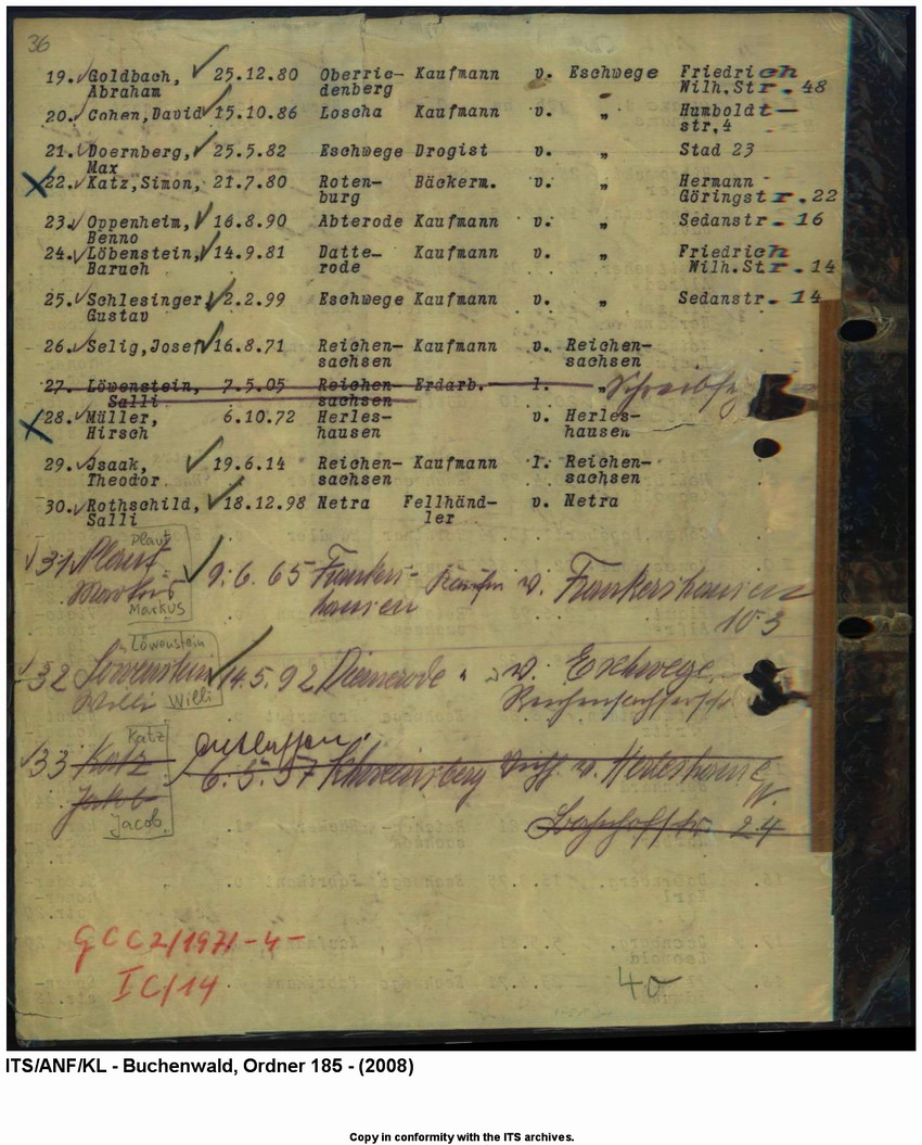 "Judenaktion vom 10.11.1938"  Verzeichnis der inhaftierten "Aktionsjuden" in Eschwege, 10. 11.1938
