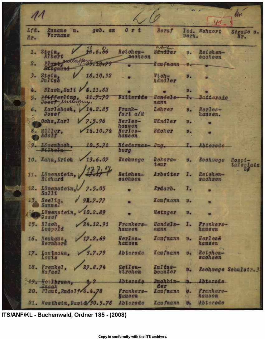 "Judenaktion vom 10.11.1938"  Verzeichnis der inhaftierten "Aktionsjuden" im Kreis Eschwege (Herleshausen, Reichensachsen, Abterode, Nentershausen, Eschwege u.a.) ,  10. November 1938