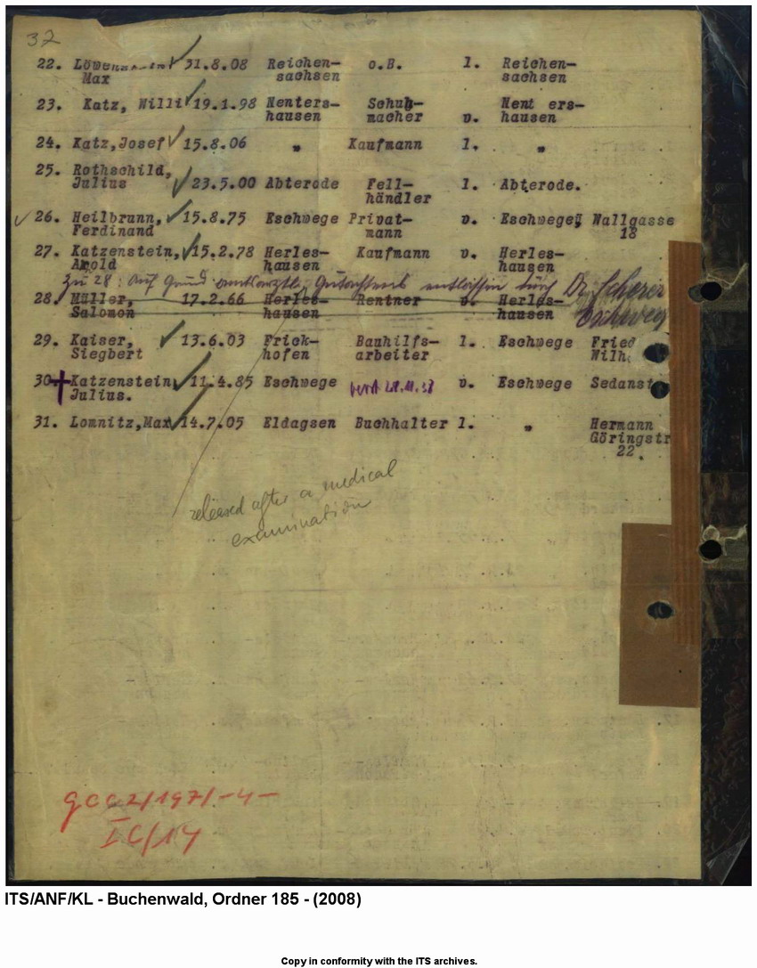 "Judenaktion vom 10.11.1938"  Verzeichnis der inhaftierten "Aktionsjuden" im Kreis Eschwege (Herleshausen, Reichensachsen, Abterode, Nentershausen, Eschwege u.a.) ,  10. November 1938