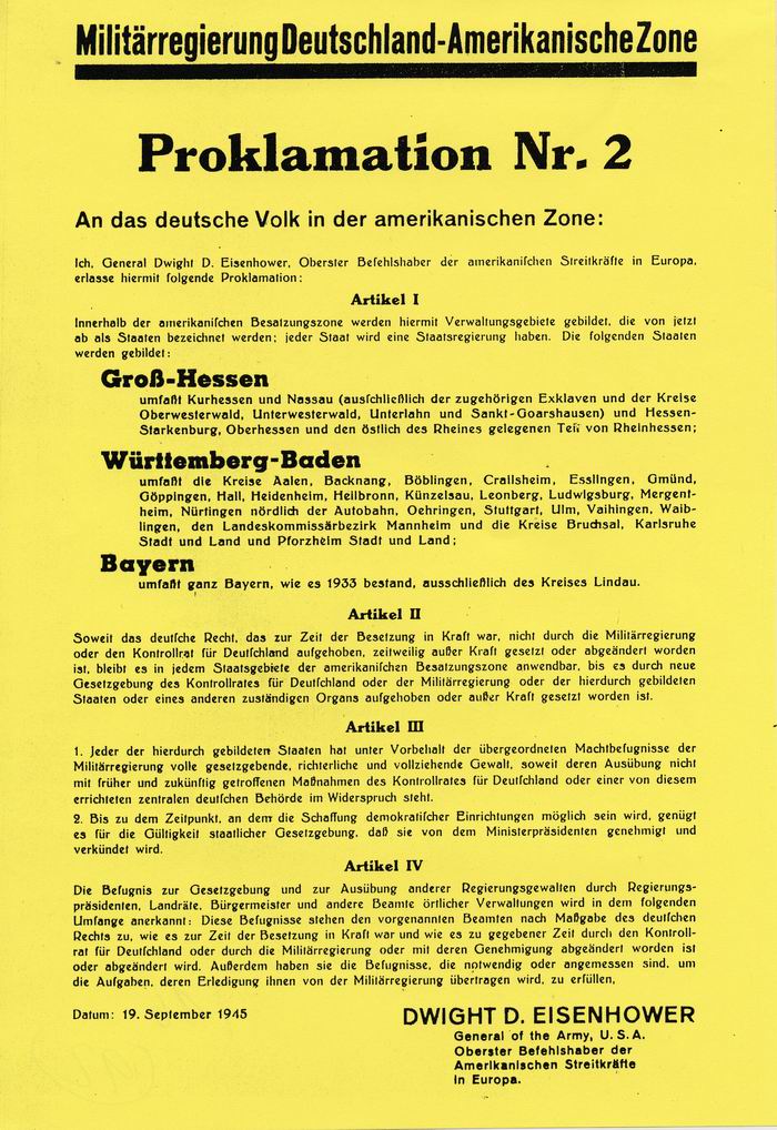Anschlag: Militärregierung Deutschland: Proklamation Nr. 2 vpm 19.9.1945