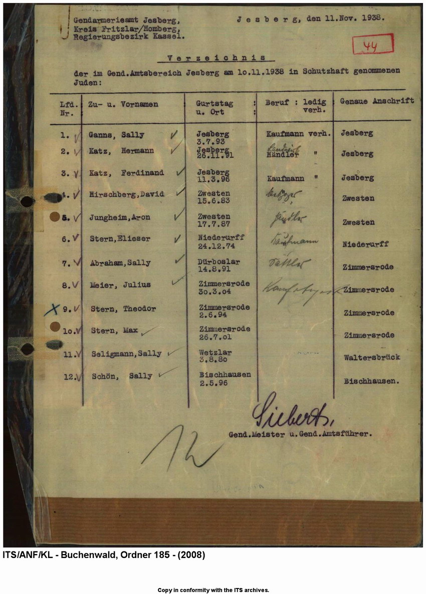 "Judenaktion vom 10.11.1938"  Verzeichnis der inhaftierten "Aktionsjuden" im Gendamerieamtsbereich Jesberg,  Kreis Fritzlar/Homberg,  11. 11.1938
