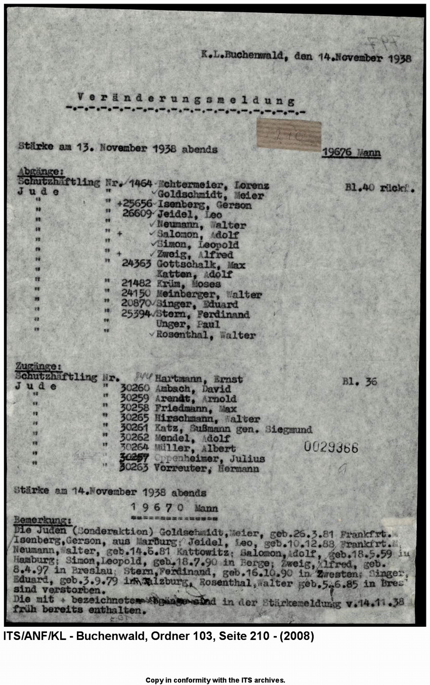 "Judenaktion vom 10.11.1938"  Zahlenmäßige Aufstellung der im KL Buchenwald inhaftierten Häftlinge einschließlich der "Aktionsjuden"  mit Verzeichnis der Zu- und Abgänge (u.a. Gerson Isenberg),  14. November 1938