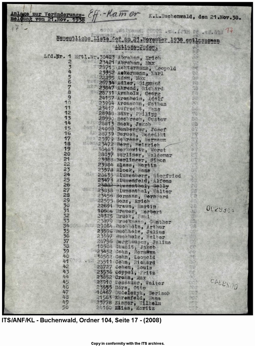 "Judenaktion vom 10.11.1938"  Namentliche Listen der aus dem  KL Buchenwald entlassenden  "Aktionsjuden"  vom 21. November und 15. Dezember 1938