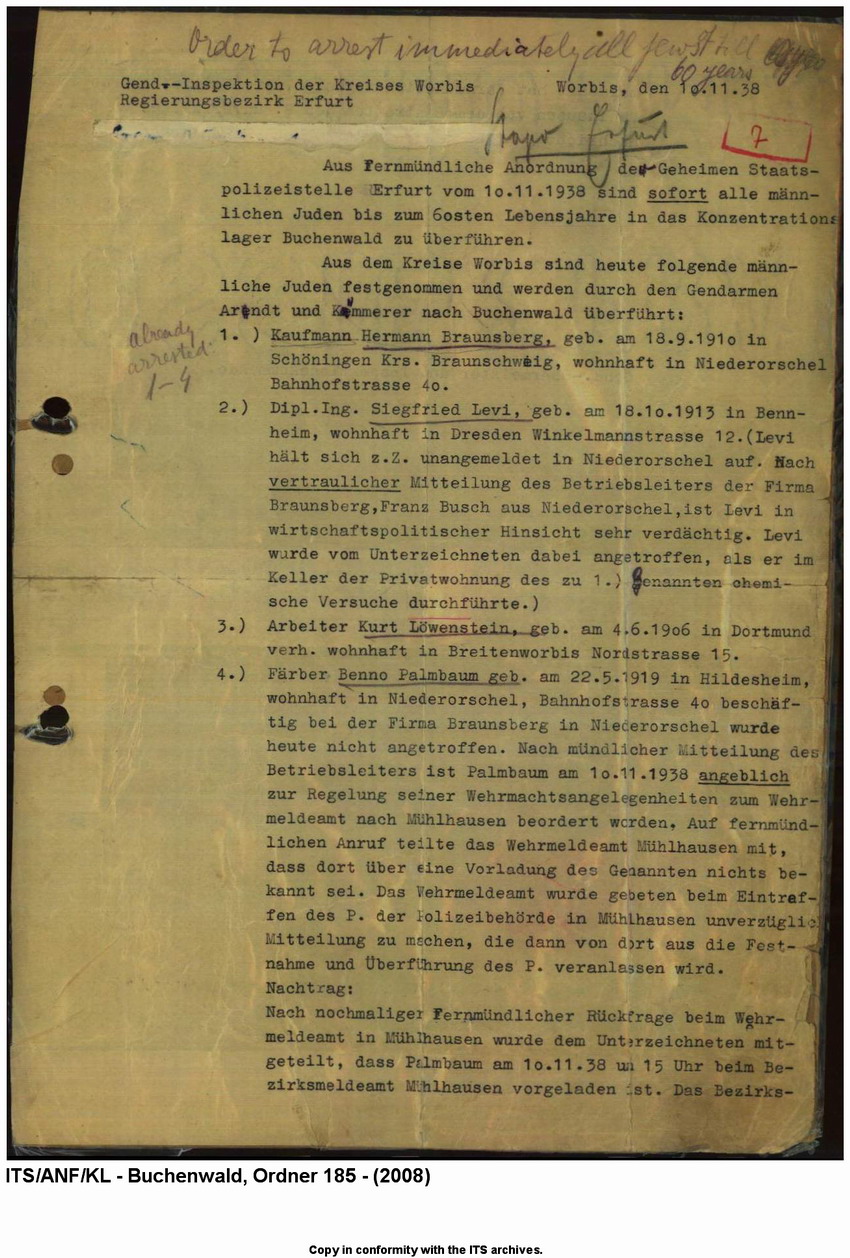 "Judenaktion vom 10.11.1938"  Verzeichnis der inhaftierten "Aktionsjuden" im Kreis Worbis mit Bezugnahme auf "Fernmündliche Anordnung der Geheimen Staatspolizeistelle Erfurt", 10. 11.1938
