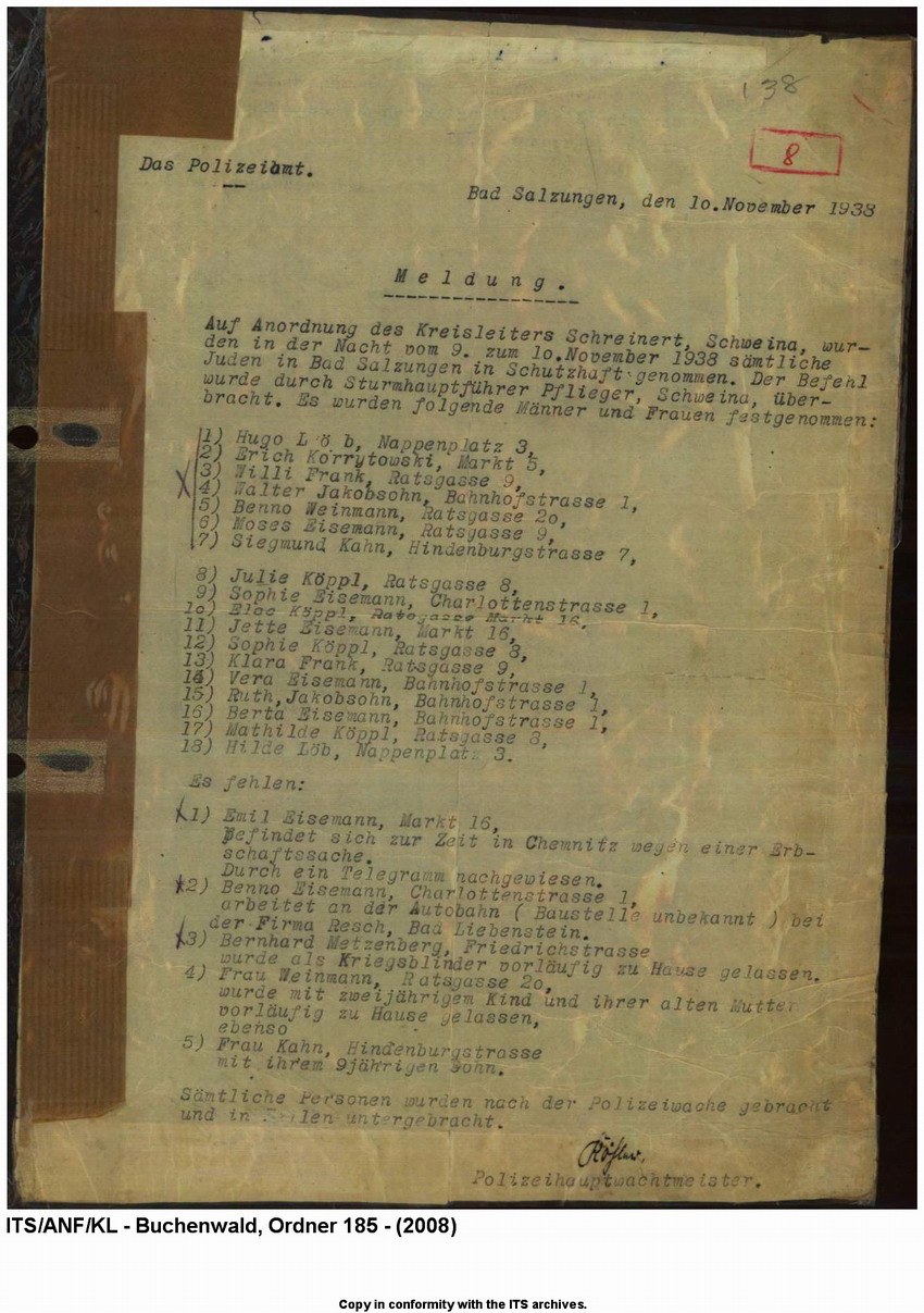 "Judenaktion vom 10.11.1938"  Verzeichnis der inhaftierten "Aktionsjuden" in Bad Salzungen, und zwar auf Anordnung des Kreisleiters,  "sämtliche Juden"  in "Schutzhaft" zu nehmen, 10. November 1938 .