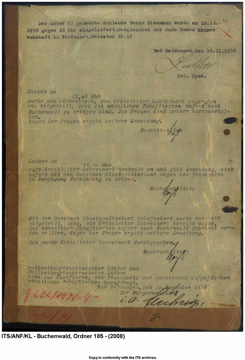 "Judenaktion vom 10.11.1938"  Verzeichnis der inhaftierten "Aktionsjuden" in Bad Salzungen, und zwar auf Anordnung des Kreisleiters,  "sämtliche Juden"  in "Schutzhaft" zu nehmen, 10. November 1938 .