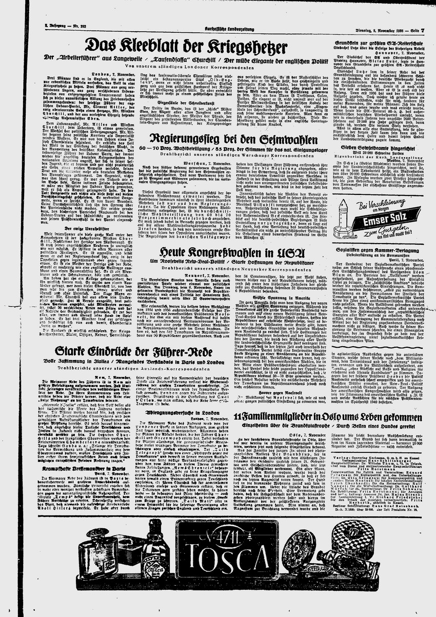 Kurhessische Landeszeitung: „Judenüberfall auf deutsche Botschaft. Legationssekretär wurde in Paris durch Schüsse schwer verletzt  ... "  „Spontane Kurhessen-Demonstration“, 8. November 1938