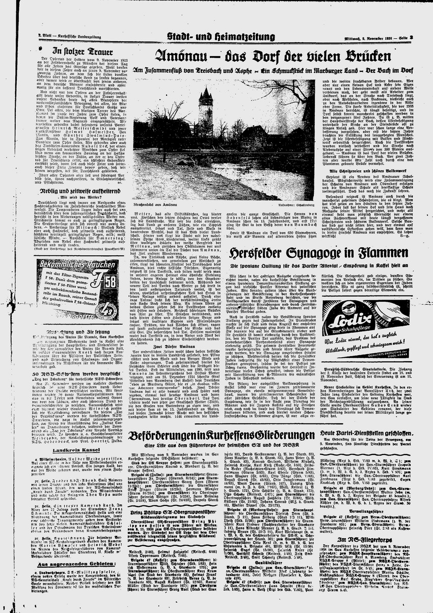 Kurhessische Landeszeitung: „Hersfelder Synagoge in Flammen“, 9. November 1938