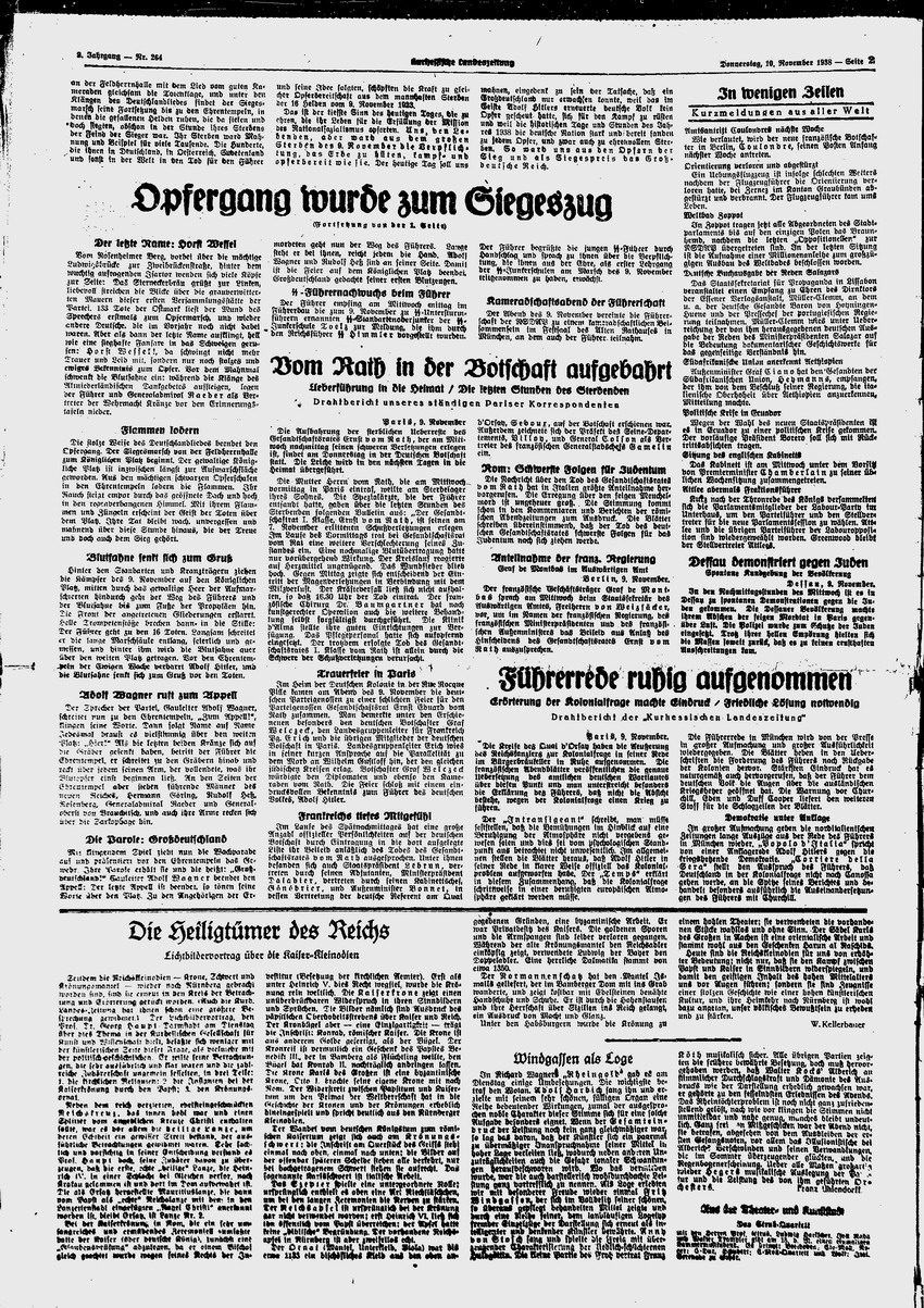 Kurhessische Landeszeitung: „Opfergang wurde zum Siegeszug“ – zu den Feiern in München. „Gesandtschaftsrat vom Rath für sein Volk gefallen“ ,  10. November 1938