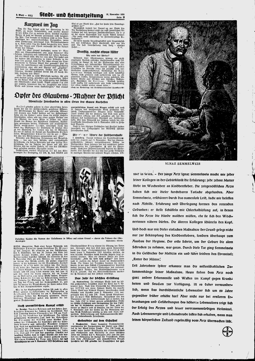 Kurhessische Landeszeitung: „Opfergang wurde zum Siegeszug“ – zu den Feiern in München. „Gesandtschaftsrat vom Rath für sein Volk gefallen“ ,  10. November 1938