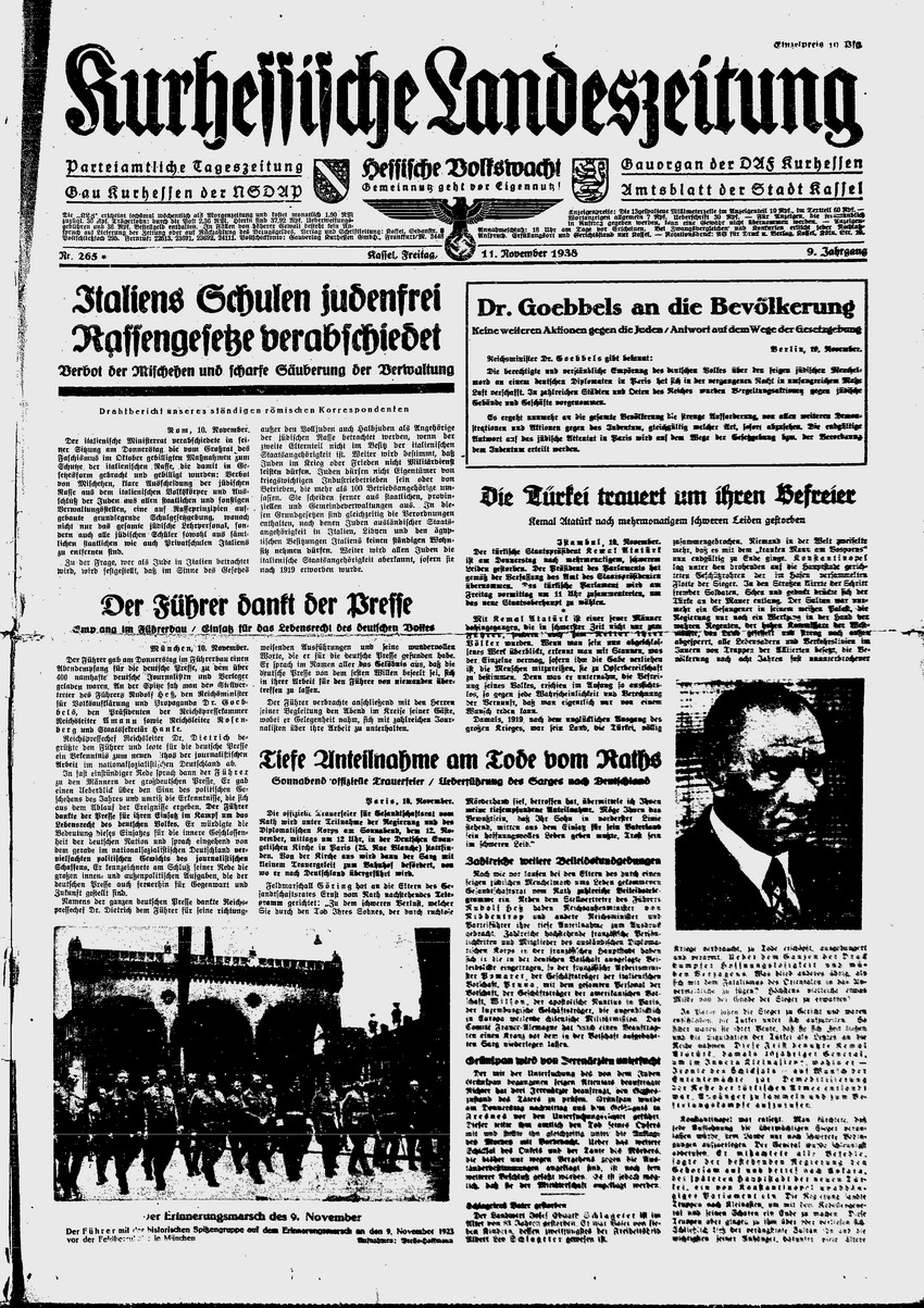 Kurhessische Landeszeitung: "Dr. Goebbels an die Bevölkerung. Keine weiteren Aktionen gegen die Juden / Antwort auf dem Wege der Gesetzgebung" -  „Spontane Aktionen im ganzen Reich“, 11. November 1938