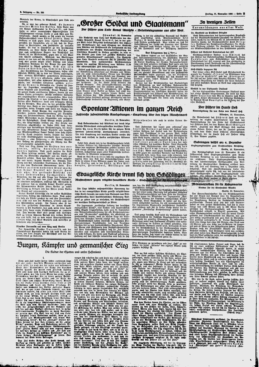 Kurhessische Landeszeitung: "Dr. Goebbels an die Bevölkerung. Keine weiteren Aktionen gegen die Juden / Antwort auf dem Wege der Gesetzgebung" -  „Spontane Aktionen im ganzen Reich“, 11. November 1938