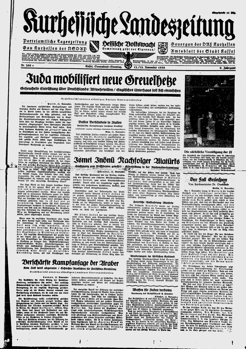 Kurhessische Landeszeitung: „Juda mobilisiert neue Greuelhetze“ - Goebbels,  „Der Fall Grünspan“,  12./13. November 1938