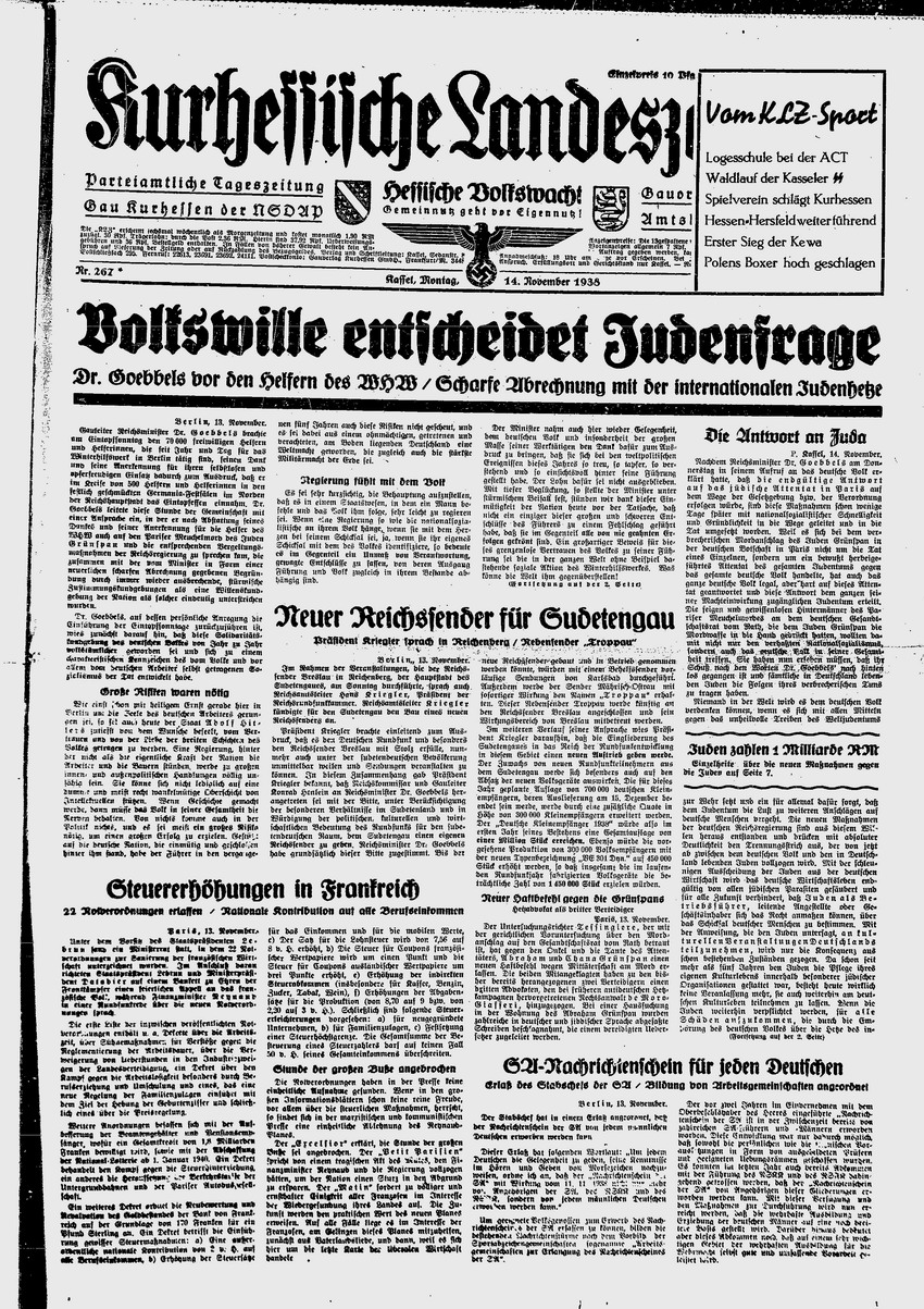 Kurhessische Landeszeitung: " Volkswille entscheidet Judenfrage“ – Goebbels vor dem Winterhilfswerk, 14. November 1938