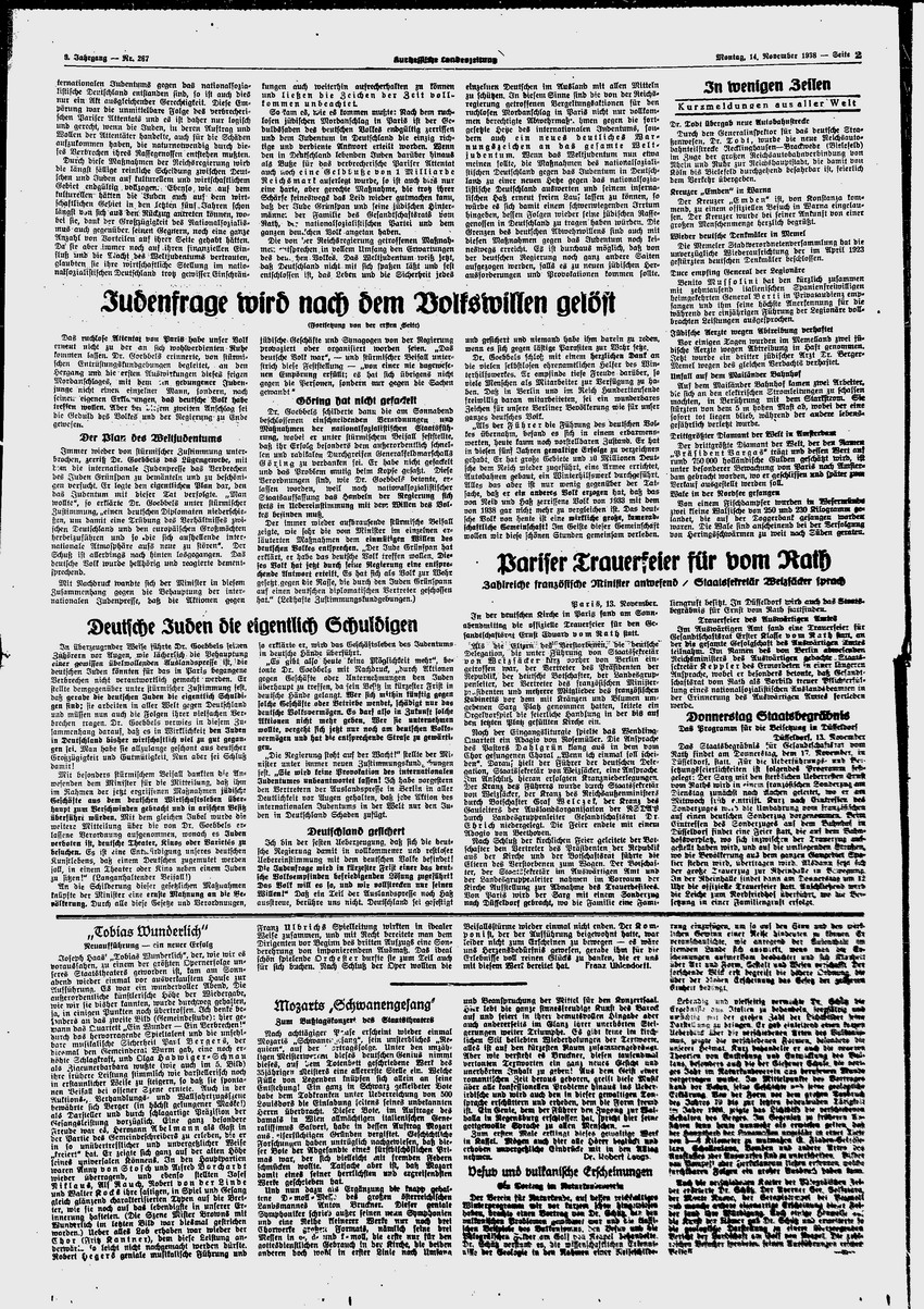 Kurhessische Landeszeitung: " Volkswille entscheidet Judenfrage“ – Goebbels vor dem Winterhilfswerk, 14. November 1938