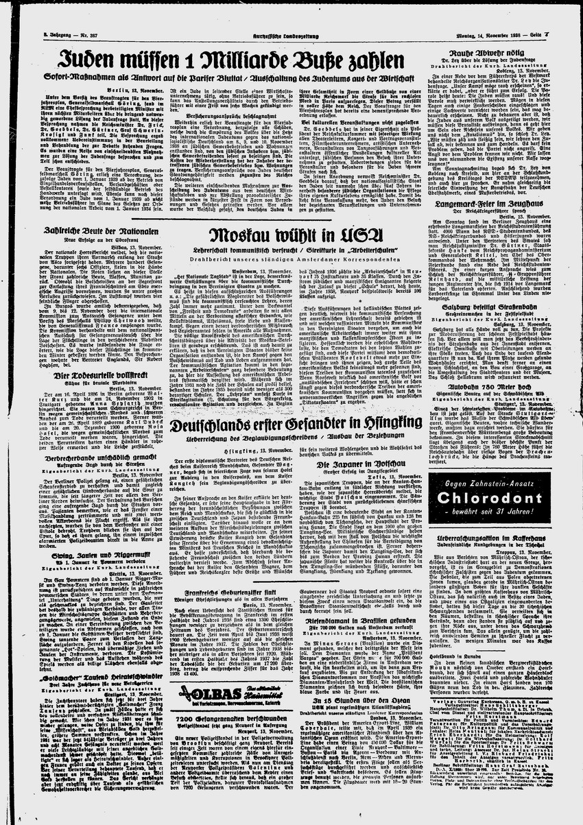 Kurhessische Landeszeitung: " Volkswille entscheidet Judenfrage“ – Goebbels vor dem Winterhilfswerk, 14. November 1938