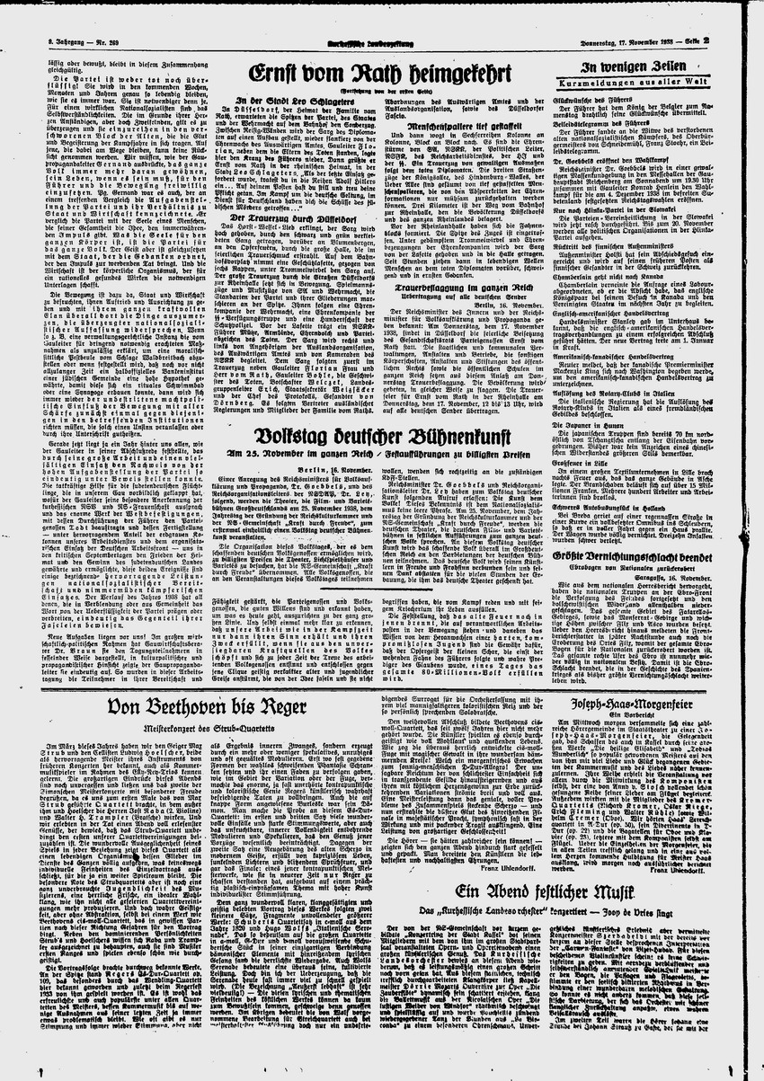 Kurhessische Landeszeitung: Ernst vom Rath heimgekehrt",  17. November 1938