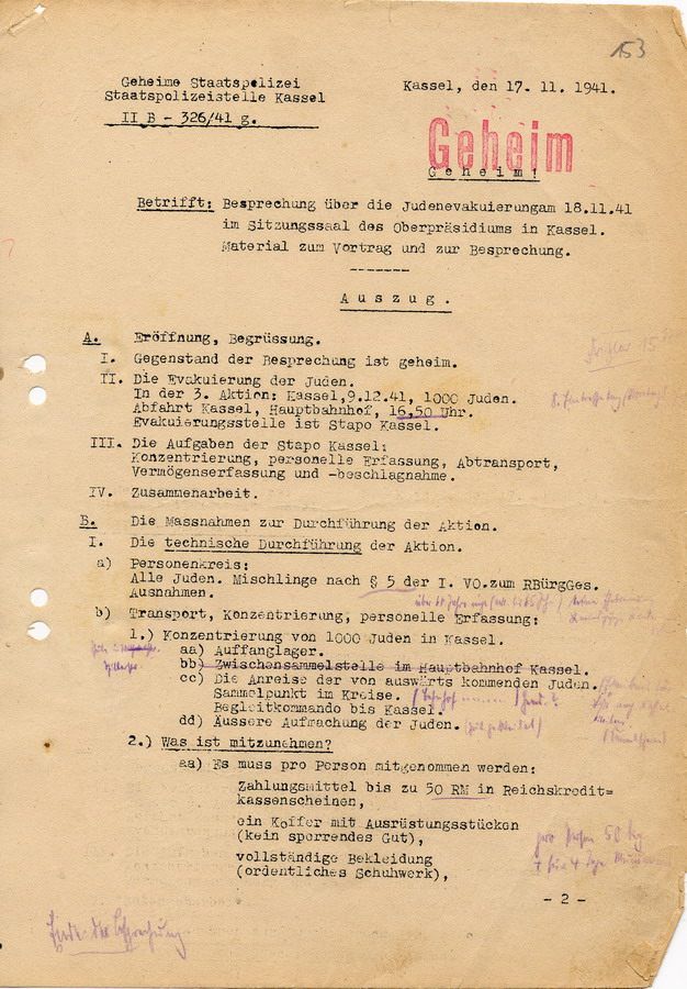 Geheimes Schreiben der GeStaPo Kassel an die Teilnehmer der Besprechung. Geplanter Ablauf der  Besprechung über die "Judenevakuierungen"  am 18.11.1941, 17. November 1941