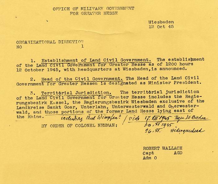 Organisationsdirektive Nr.1 zur Gründung einer zivilen Landesregierung am 12.10.1945