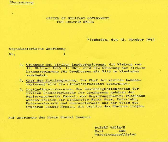 Organisationsdirektive Nr.1 zur Gründung einer zivilen Landesregierung am 12.10.1945