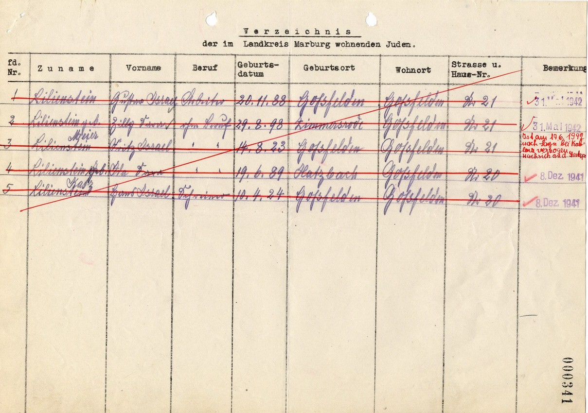 Deportationsliste betreffend Juden aus Goßfelden, 8. Dezember 1941-17. Juni 1942.