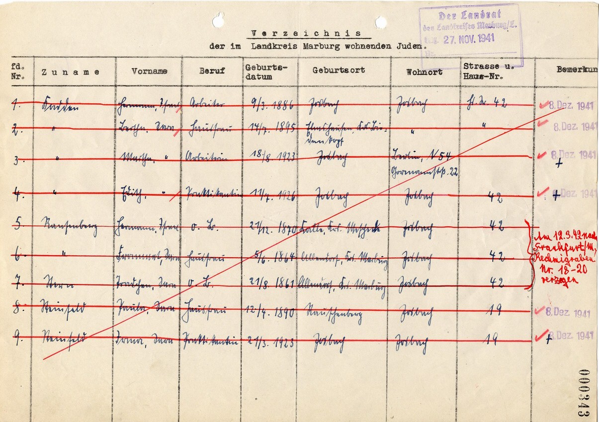 Deportationsliste betreffend Juden aus Josbach, 8. Dezember 1941-12. März 1942.