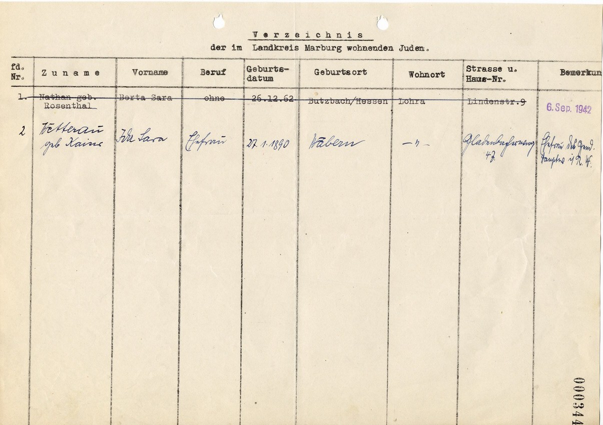 Deportationsliste betreffend Juden aus Lohra, 6. September 1942.