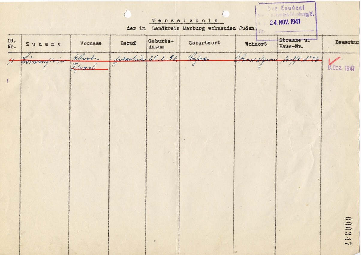 Deportationsliste betreffend Juden aus Oberwalgern, 8. Dezember 1941.