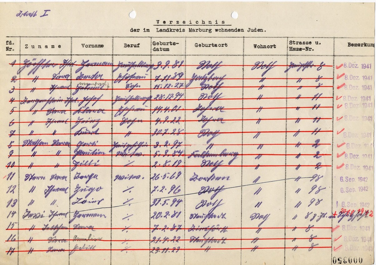 Deportationsliste betreffend Juden aus Roth, 8. Dezember 1941-6. September 1942.